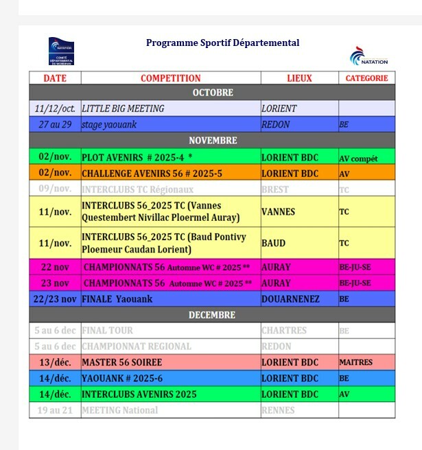 calendrier des compétitions // dernier semestre 2025