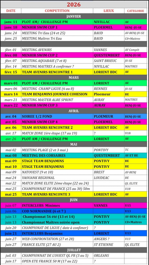 Calendrier des compétitions 56 // premier semestre 2026